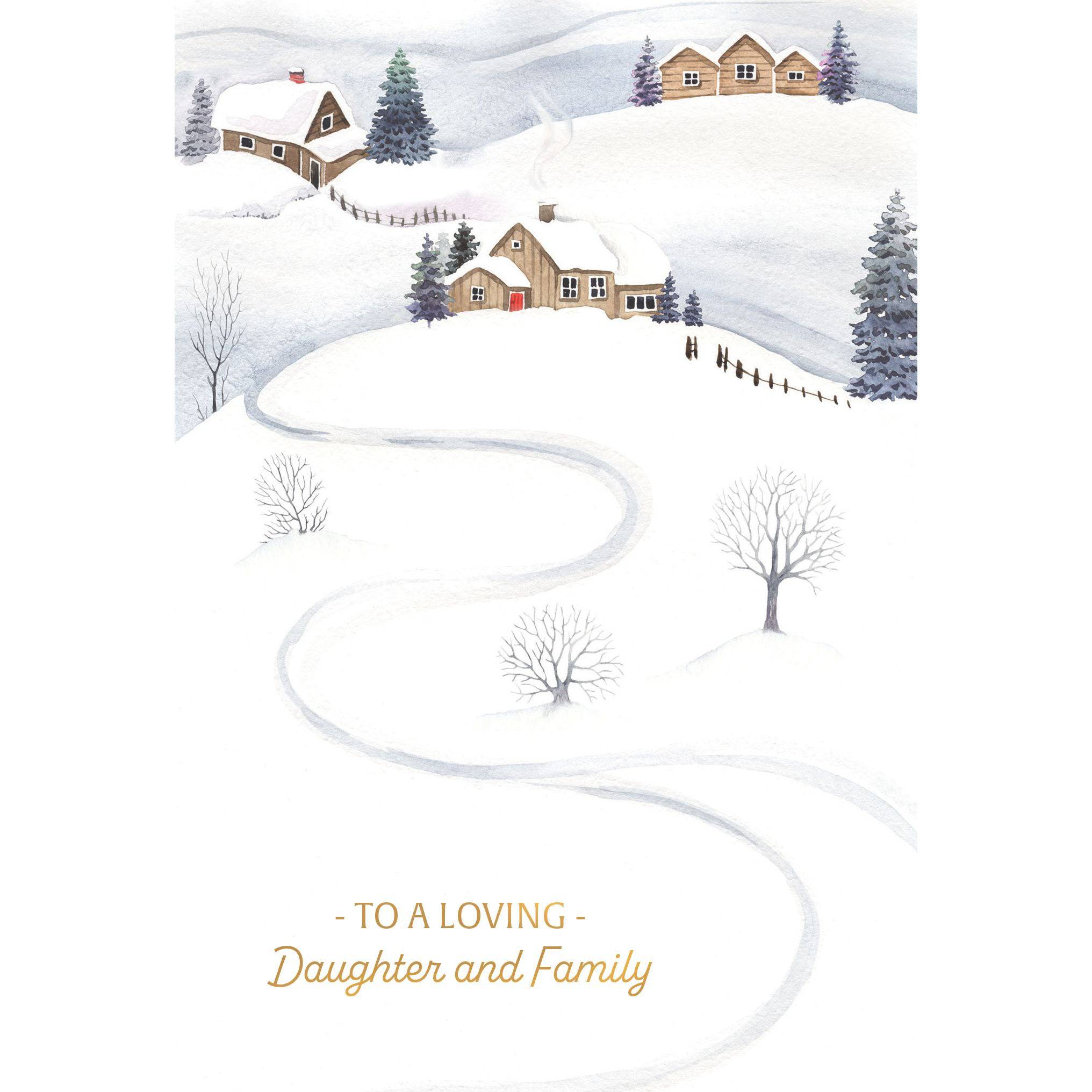 Pictura seasonal Christmas card featuring a house on a hill with daughter and husband, festive holiday scene illustration.